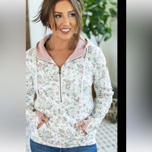 AMPERSAND AVE Floral Hoodie - Soft Pink and Cream